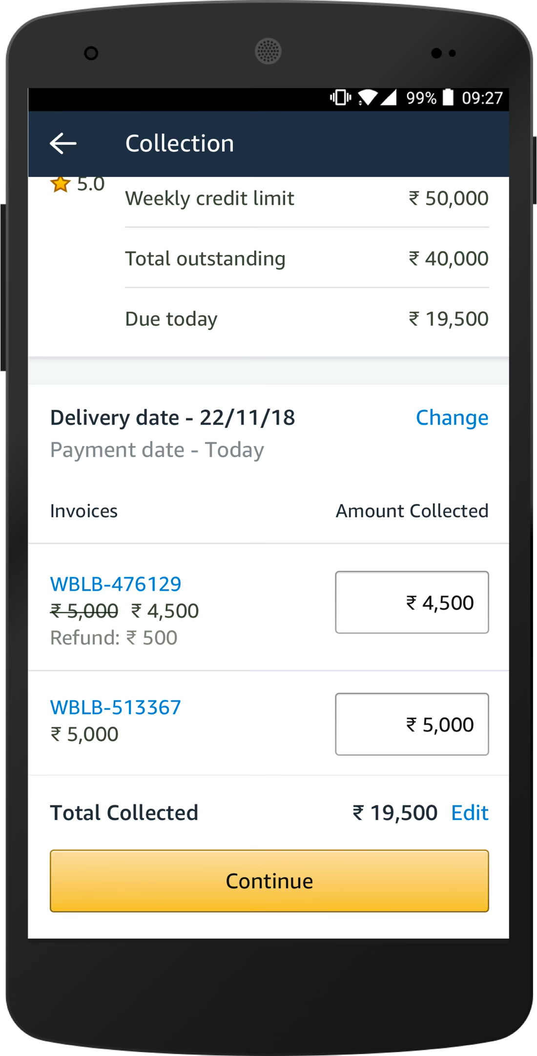 Collection screen for matching invoices, refunds, and amount collected