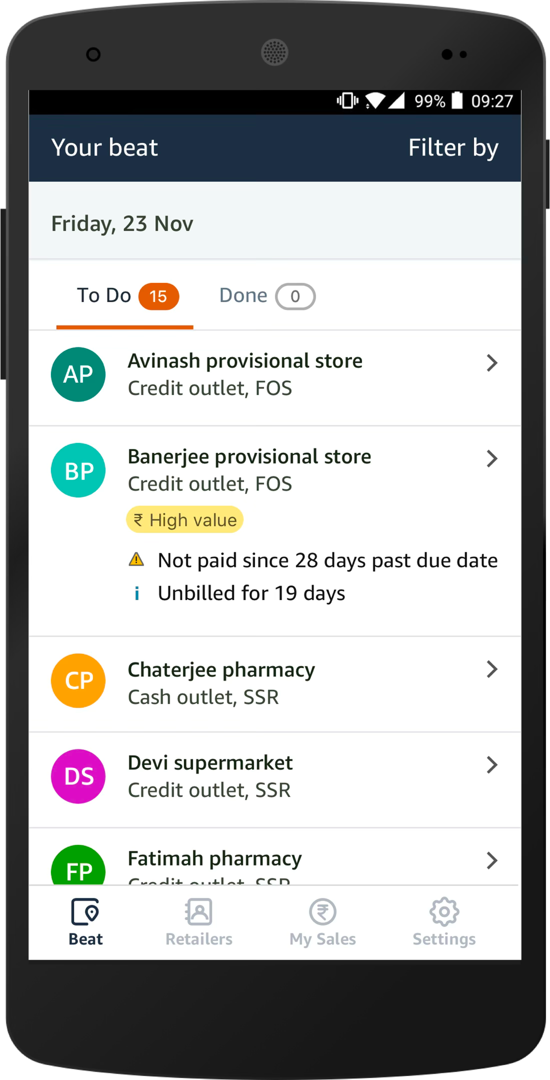Feet on Street mobile home screen showing BDO beat tasks