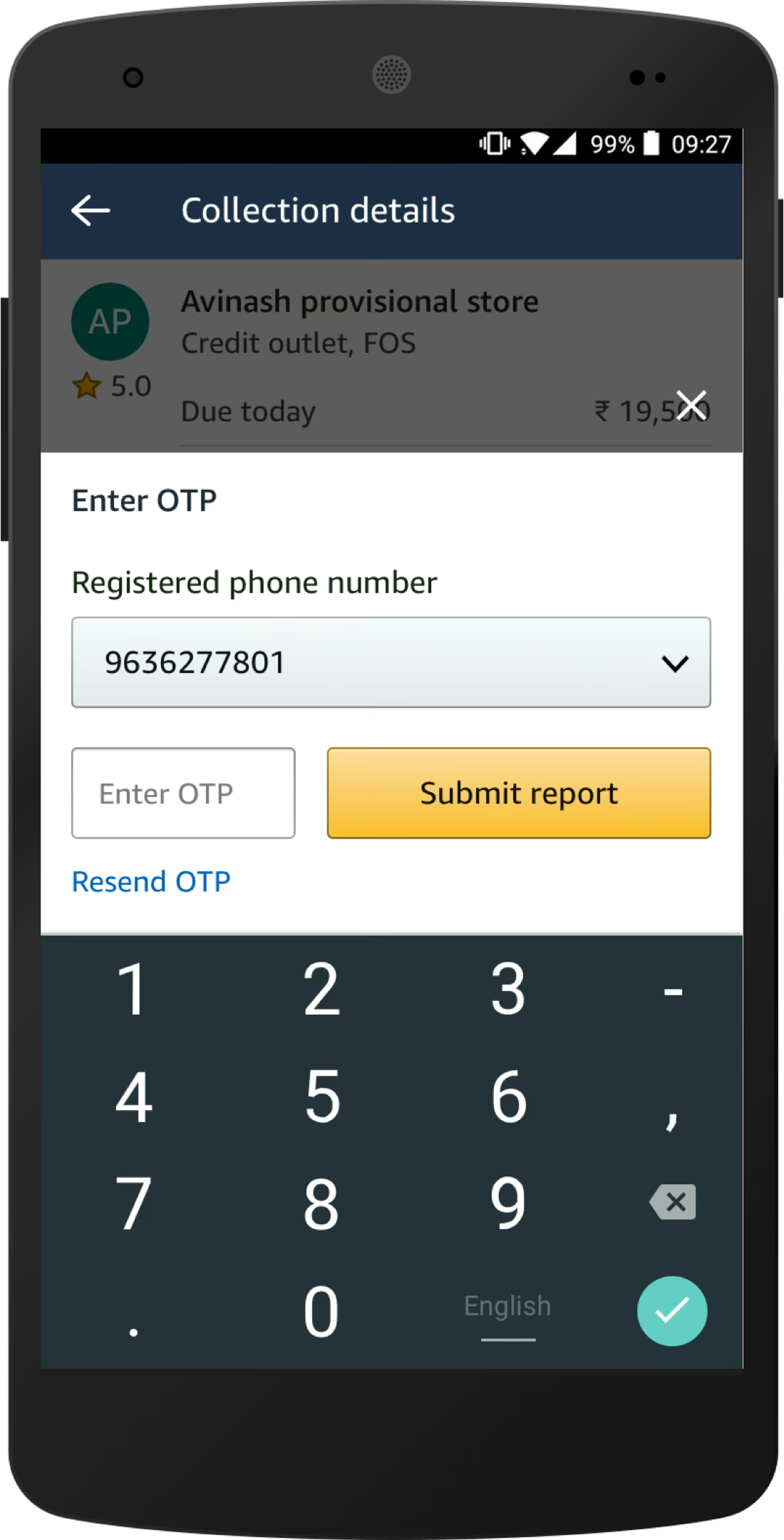OTP verification screen for confirming the collection report